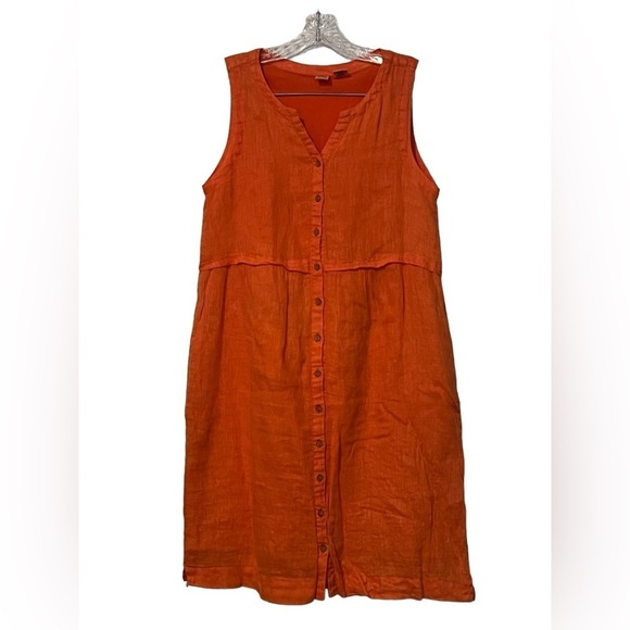 Artisan NY sleeveless button down orange 100% linen dress with pockets - Picture 8 of 11